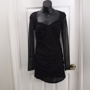 Bershka Black Ruched Mini Dress with Sheer Sleeves